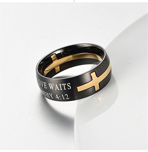 Men's Stainless Steel 8MM Bible Verse Christian Purity Cross Ring Band 1 Timothy 4:12 - color: Black Gold