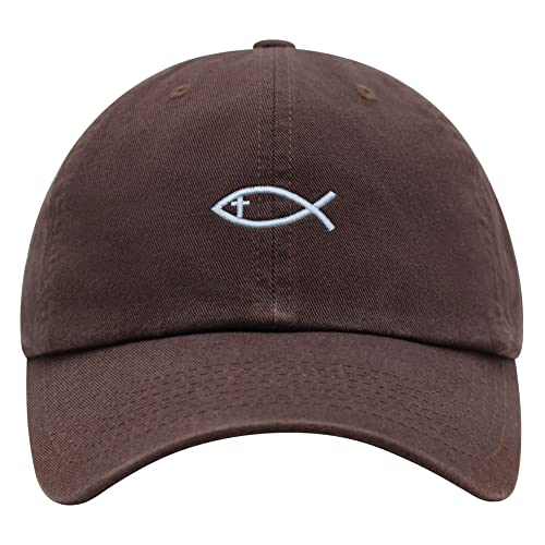 JPAK Jesus Fish Symbol Premium Dad Hat Embroidered Cotton Baseball Cap Symbol of Christianity - color: Brown