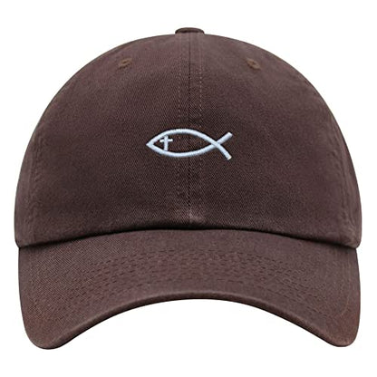JPAK Jesus Fish Symbol Premium Dad Hat Embroidered Cotton Baseball Cap Symbol of Christianity - color: Brown