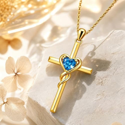 Birthstone Cross Necklace for Women 14K Gold Plated Heart Infinity Cross Pendant Necklace Christian Religious Jewelry Anniversary Birthday Gifts for Wife Mom Her - color: Dec/Blue Topaz