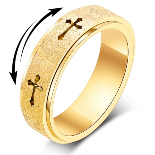 Fidget Toys Adults Spinner Women, Cross Anxiety Relief Stainless Steel Dual Layers Thumb Jewelry Spinning Band Silver Gold Plated Size 6 7 8 9 10 (Gold-Cross, Size 9) - color: Gold-cross, size: Size 9