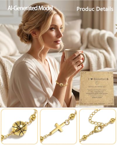 Gold-Tone Cross Link Bracelet with Sports & Heart Charms - Basketball Football Bracelet for Women, Faith-Inspired Christian Gifts for Women (Adjustable Chain) - color: Golden Basketball