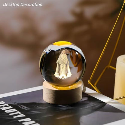 Arikyrist 3D Crystal Virgin Mary Statue Figurine with Wooden Base, Laser Etched Crystal Our Lady of Guadalupe Glass Sphere Statue, 3D Crystal Ball Mother Mary Christian Catholic Religious Easter Gifts - color: 3d Mary#1