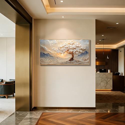 imjiayu White Blossom Tree Mountain Landscape Art, Serene Sunset Painting - color: Mountain Sun Tree, size: 48"L x 24"W