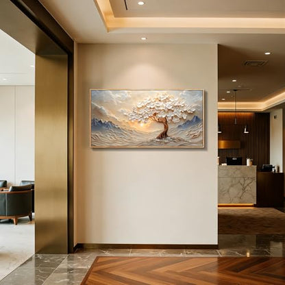 imjiayu White Blossom Tree Mountain Landscape Art, Serene Sunset Painting - color: Mountain Sun Tree, size: 48"L x 24"W