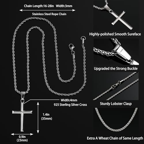 LOFITOR Mens Sterling Silver Cross Necklace for Women S925 Crucifix Pendant - size: 22 inches, style: Beveled Edge Cross Necklace