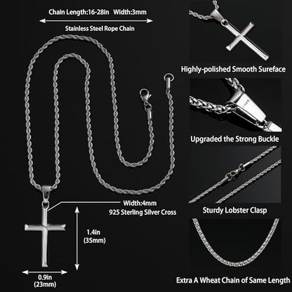 LOFITOR Mens Sterling Silver Cross Necklace for Women S925 Crucifix Pendant - size: 16 inches, style: Beveled Edge Cross Necklace