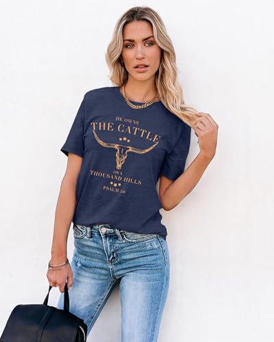 Christian Shirts for Women He Owns The Cattle On A Thousand Hills Tee Shirt Religious Bible Verse Faith Tops - color: Darkblue, size: Medium