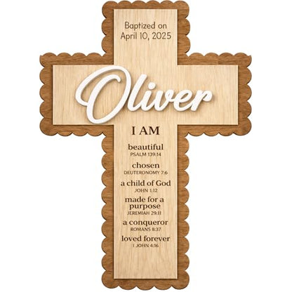 SugoiDesign Personalized Baptism Cross Gifts for Girls Boys | Custom Wooden Cross for Wall | Baby Boy Baptism Gift | Catholic Baptism Keepsake | First Communion Cross Decor Personalized Wood Cross