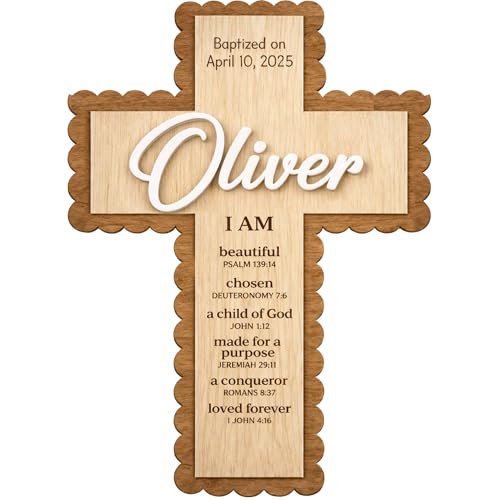 SugoiDesign Personalized Baptism Cross Gifts for Girls Boys | Custom Wooden Cross for Wall | Baby Boy Baptism Gift | Catholic Baptism Keepsake | First Communion Cross Decor Personalized Wood Cross