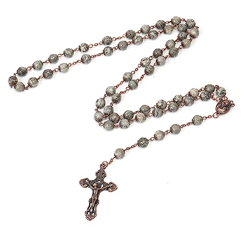Nazareth Store Natural Stone Beads 8mm Rosary Necklace Antique Copper Design Holy Soil Medal & Cross in Velvet Bag - Catholic Rosaries Terra Santa Jerusalem Collection - color: Map Stone