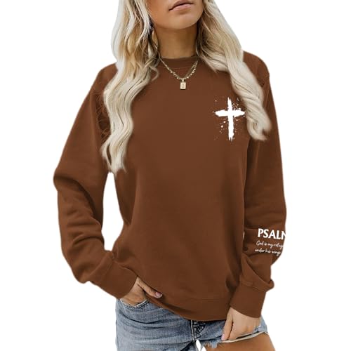 Women Christian Sweatshirt Psalms 91 Jesus Hoodie Religious Faith God Shirt Bible Verse Inspirational Pullover Tops - color: Brown, size: Medium