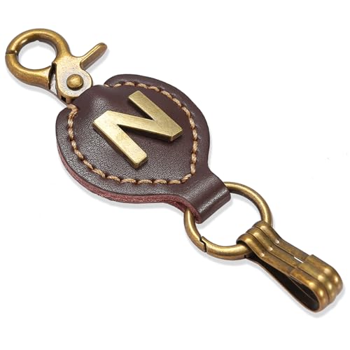 Initial Letter Keychain Brown Leather Alphabet Keychain with Easy Clasp, Key Car Key Bag Key Ring for Women Mens - color: N