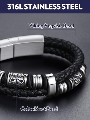Bandmax Men's Black Double Wax Rope Bracelet Waterproof Stainless Steel Norse Style Celtic Knot Beads Wristband 7-9 Inch Gift for Men Father Husband Son Grandson - color: 06 With Card To My Husband, size: 7.48 Inches (19cm)