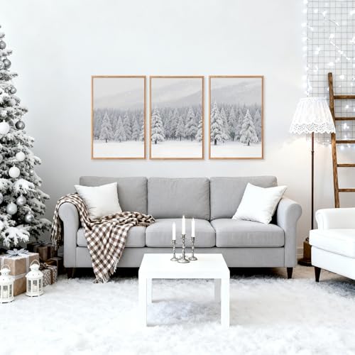 CHDITB 3 Pcs Snowy Winter Forest Landscape Framed Wall Art 16x24 Inch - color: Snowy Christmas Pine Trees, size: 16"L x 24"W