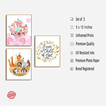 Christian nursery wall art, Christian posters for girls, religious posters for kids, biblical poster prints, child of god decor - Set of 3 (8 inches by 10 inches) Pink Noah's Ark