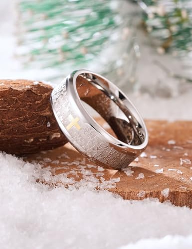 King Will Stainless Steel Men Ring Lord's Prayer Cross Ring Stainless Steel Men Wedding Ring, Wedding Band Bible Engraved Rings High Polished, Comfort Fit - color: SILVER
