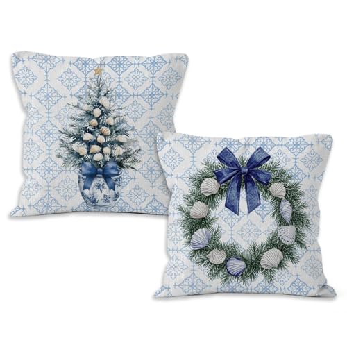 Blue Beach Coastal Chinoiserie Christmas Throw Pillow Covers 18x18 Set of 2, Coastal Beach Nautical Tropical Christmas Decorative Pillow Covers for Home Bedroom Couch - color: Blue Beach Coastal Chinoiserie