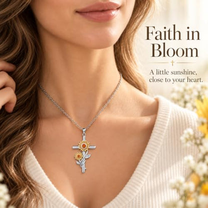 Distance Cross Necklace for Women 925 Sterling Silver Jewelry Pendant Necklace for Mom Wife Gift for Mother's Day or Birthday - style: Two Sunflower Cross Necklace