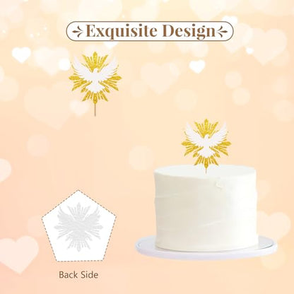 Holy Spirit Cake Topper, White Dove Cake Decor, Gold Glitter Baptism Cake Topper for Religious Baby Shower/Wedding Anniversary Party Decoration - style: Religious Dove
