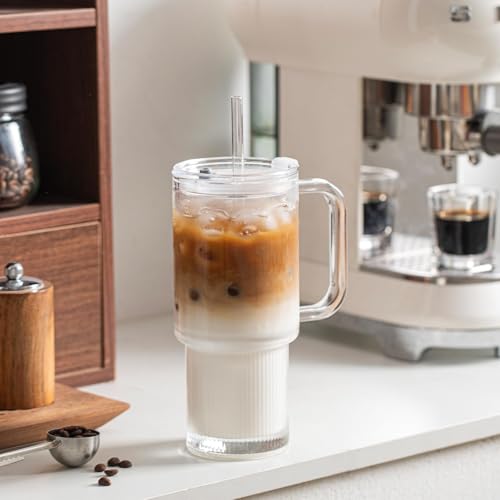 INSETLAN 26oz Glass Tumbler with Handle & Lid – 4-Pack Large Iced Coffee Cups with Straws, Modern Glass Mug for Cold & Hot Beverages, Aesthetic Travel Cup for Smoothies, Tea, and Juice - color: B-Clear-4PCS