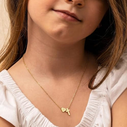 Ritach Cross Initial Necklaces for Women Girls - 14K Gold Plated Initial Heart Necklace Dainty Gold Cross Pendant Necklace Birthday First Communion Baptism Christian Gifts for Women Kids Teen Girls - color: L