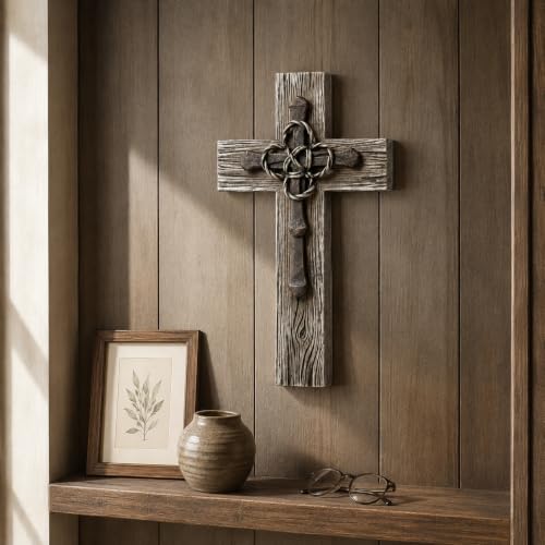 Comfy Hour 13 Inch Wall Cross, Rustic Faux Wood Decor