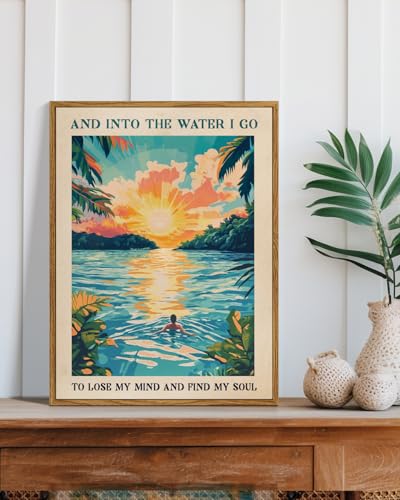 WHASAYART Inspirational Tropical Sunset Framed Wall Art, “And Into the Water I Go” “To Lose My Mind and Find My Soul” Quote Canvas Print, Coastal Ocean 12x16 Beach Sunrise Landscape Room Office Decor - color: Swim