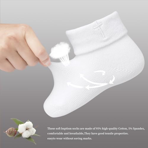 Baptism Socks for Baby Girls - White Newborn Christening Socks With Cross & Eyelet Frilly Lace - color: Gold