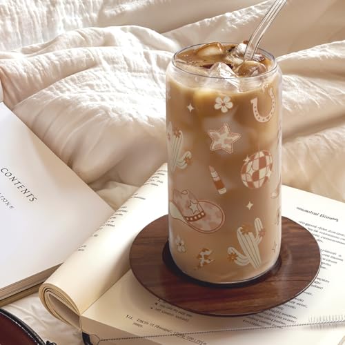 SANDJEST Western Cowgirl 16oz Can Glass Tumbler with Acrylic Lid & Straw, Iced Coffee Cup for Women, Aesthetic Cups Gifts for Birthday Christmas - color: Cowgirl 1