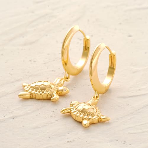 MYEARS Women Earrings Gold Huggie Hoop Dangle Drop 14K Gold Plated Small Simple Hypoallergenic Everyday Jewelry - style: Turtle