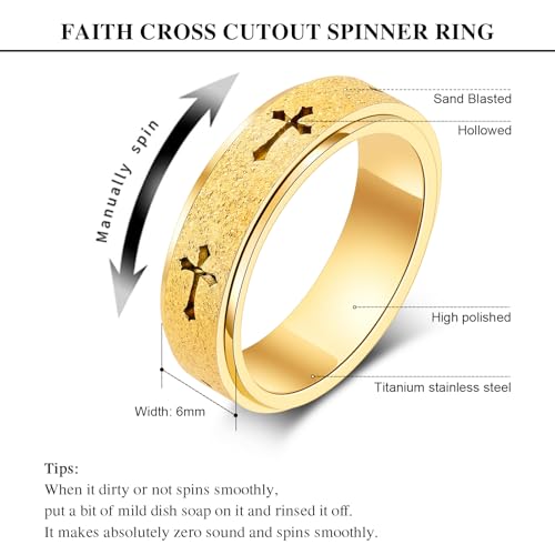 Fidget Toys Adults Spinner Women, Cross Anxiety Relief Stainless Steel Dual Layers Thumb Jewelry Spinning Band Silver Gold Plated Size 6 7 8 9 10 (Gold-Cross, Size 9) - color: Gold-cross, size: Size 9