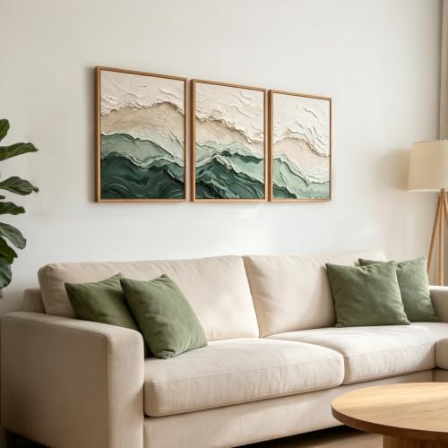 Aurlan 3D Textured Green Abstrcat Ocean Framed Canvas Wall Art 12x16 Inch - color: Green Beige (3D Textured), size: 12"L x 16"W
