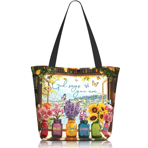 Bible Tote Bags for Women Christian Tote Bag Church Shoulder Bag Inspirational Bags With Zipper Christian Gift - color: God Says You Are