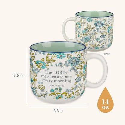 Christian Art Gifts Large Microwave & Dishwasher Safe Ceramic Coffee Mug - color: Mercies are New/Blue Floral, size: 14 Ounces