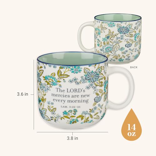 Christian Art Gifts Large Microwave & Dishwasher Safe Ceramic Coffee Mug - color: Mercies are New/Blue Floral, size: 14 Ounces