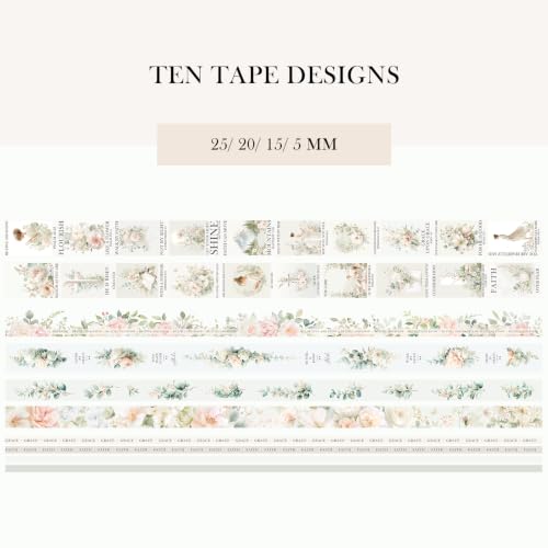 Bible Journaling Washi Tape Set for Women – 10 Rolls Floral Faith Theme Washi Tape with Scripture Verse & Christian Words, Decorative Tape for Planner, Prayer Journal Supplies (10)