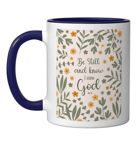 Be Still & Know That I Am God Psalm Bible Verse Floral Women Ceramic Mug, Dark Blue/White, 11oz - color: Dark Blue/White, size: 11 Ounces