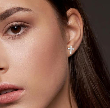 Tiny Cross Stud Earrings, 14K Gold Plated CZ Silver Earrings, Hypoallergenic Minimalist Small Stud Earrings for Women Men