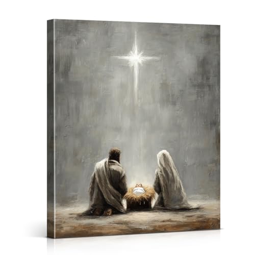 Christian Nativity Wall Art Decor - Jesus Birth in Manger Canvas Print Picture Religious Wall Decor for Home Farmhouse Prayer Room 8x10 Inch Framed - color: color-O