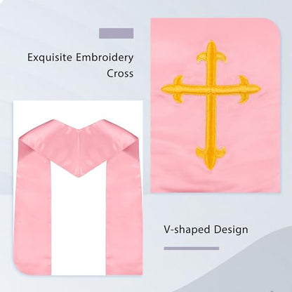 Piecatle Choir Stole with Cross Embroidery for Church, Ideal for Costume,60" - color: Pink