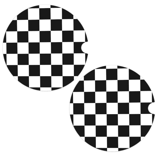 Checkered Car Coasters Set of 2, Black White Plaid Car Accessories, 10 - color: Black White Plaid