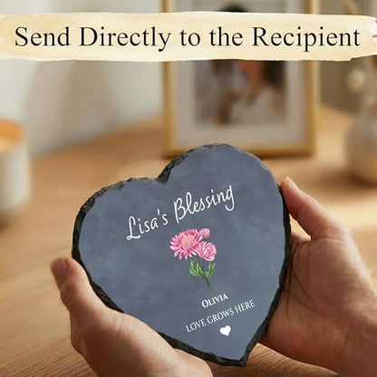 Mom’s Garden Stone Personalized with Kids Names & Birth Flowers - Custom Heart Slate Birthday Gift for Grandma, Nana, or Aunt - Unique Mother’s Day Gifts (S-204) - color: S-204