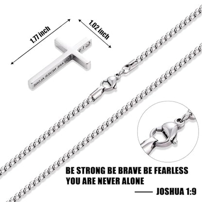 Fiusem Cross Necklace for Men, Stainless Steel Cross Pendant STXL023 - color: Silver, size: 24", style: JOSHUA 1:9