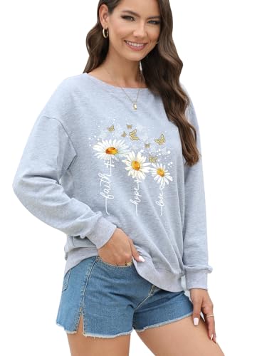 Women’s Christian Sweatshirts,Faith Hope Love Daisy Print Crewneck Long Sleeve Casual Loose Fit Sweatshirt - color: # Light Grey, size: Small
