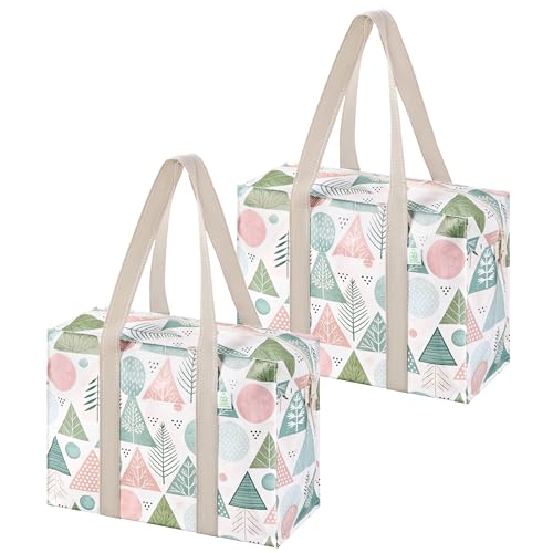 VENO 2 Pack Utility Tote Reusable Grocery Bags with Zipper & Hard Bottom - color: Pastel Forest, size: 2 Pack