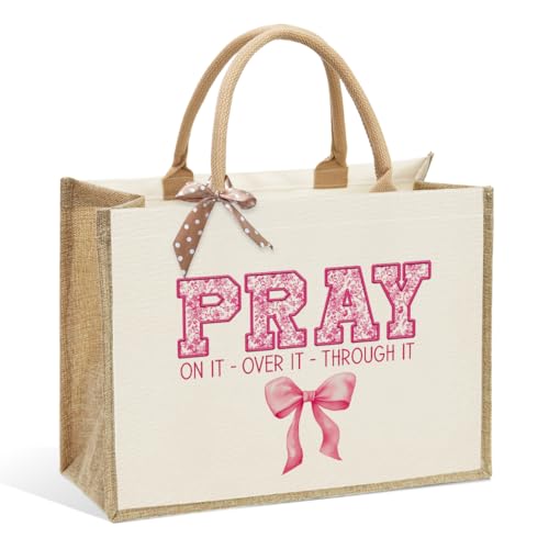 KongMoTree Christian Tote Bags, Coquette Bow Bag with Floral Christians Gifts for Mom, Wife, Sisters, Best Friends - color: Pray on It Over It Through It Pink