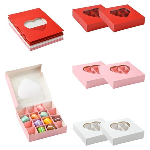 Airssory Chocolate Boxes, Paper Gift Boxes with Heart-Shaped Window, 12 pcs (4 pcs each of Pink, White, Gold), Square 15.1x15.1x3.5 cm, for Truffles, Candies, Favors - color: Chocolate Boxes