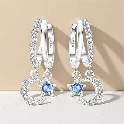 925 Sterling Silver Hoop Earrings Drop Dangle Earrings for Women Hypoallergenic Earring Trendy Huggie Earring Cute Graduation Birthday Gifts Jewelry for Women - color: Double-Circle Star and Moon earrings