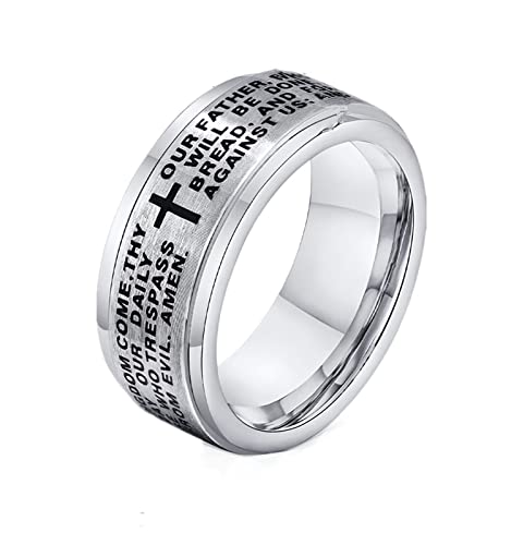 Cross Fidget Anxiety Worry Spinner Rings Stainless Steel I Can Do Bible Prayer Amen High Polished Bands Silver, Size 6 - color: our father,silver